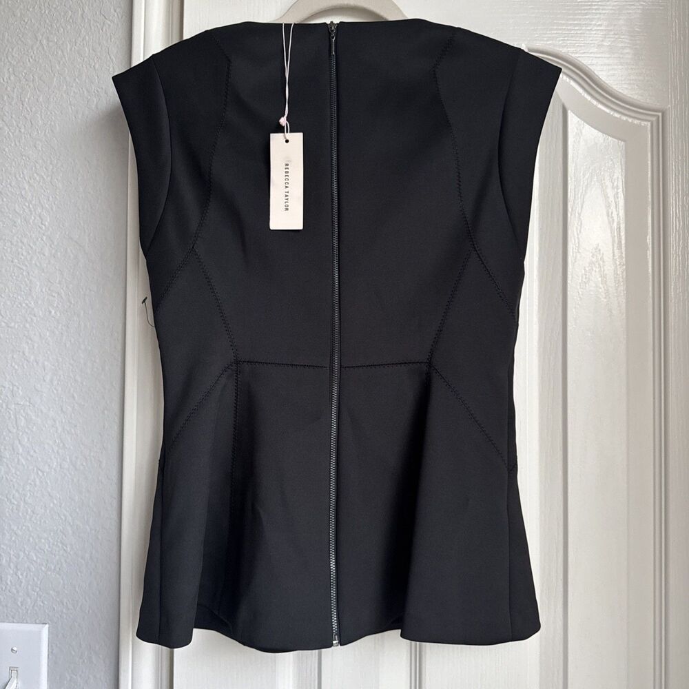 NWT Rebecca Taylor Cap Sleeve VNeck Top Solid Black Scuba Full Back Zip Size 6 - Picture 3 of 7